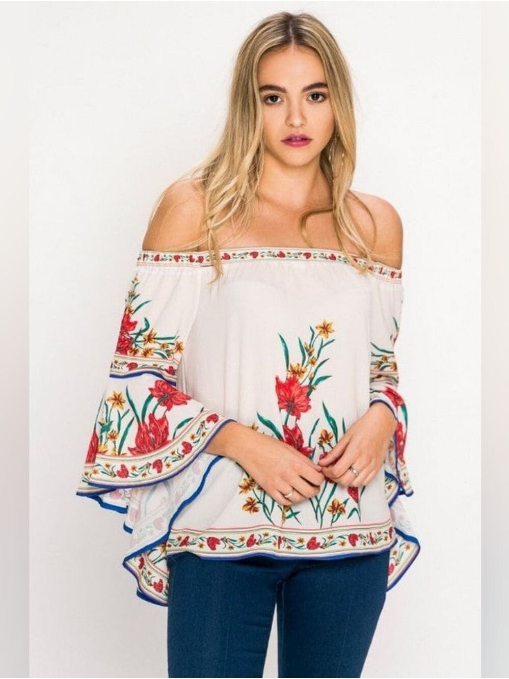 Flying Tomato Off Shoulder Floral Bell Sleeve Top Ivory Boho Medium